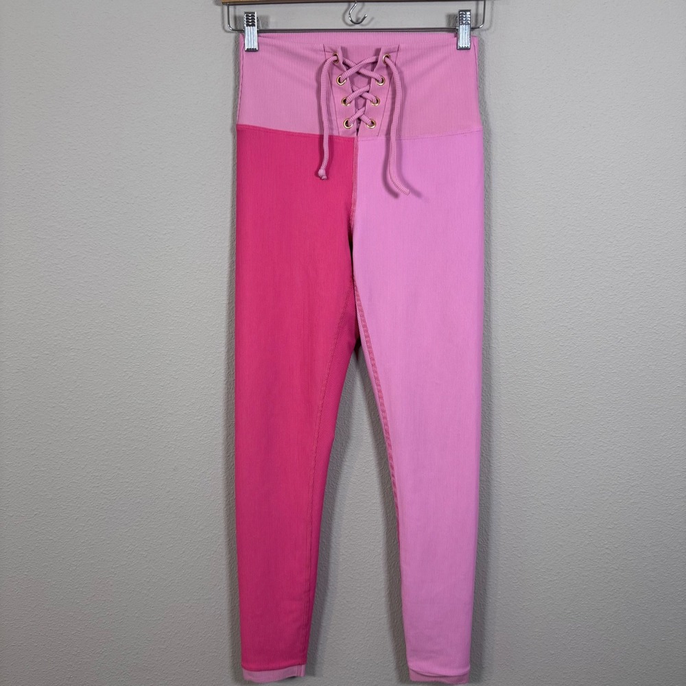 LoveShackFancy x Beach Riot Pink Colorblock Lace Up Ribbed Leggings Women's M